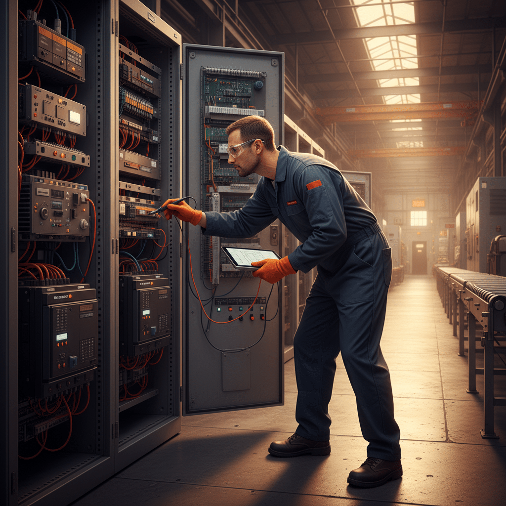 An engineer wearing safety glasses and gloves performs a pre-programming safety check on allen bradley vfd drives.