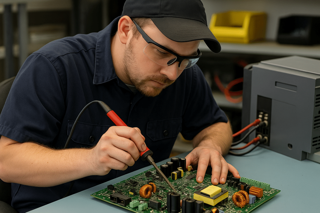 Technician performing circuit board repair on industrial drive control board