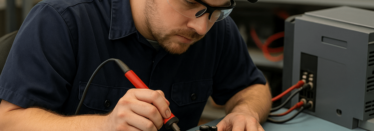 Technician performing circuit board repair on industrial drive control board