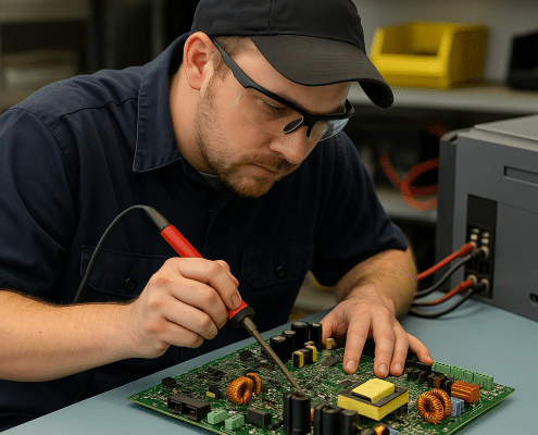 Technician performing circuit board repair on industrial drive control board