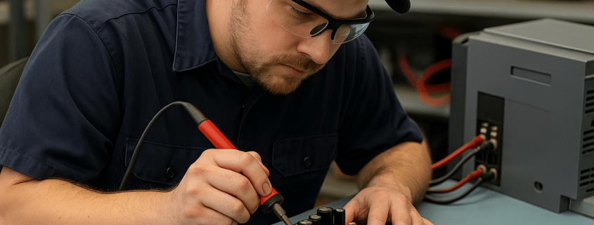 Technician performing circuit board repair on industrial drive control board