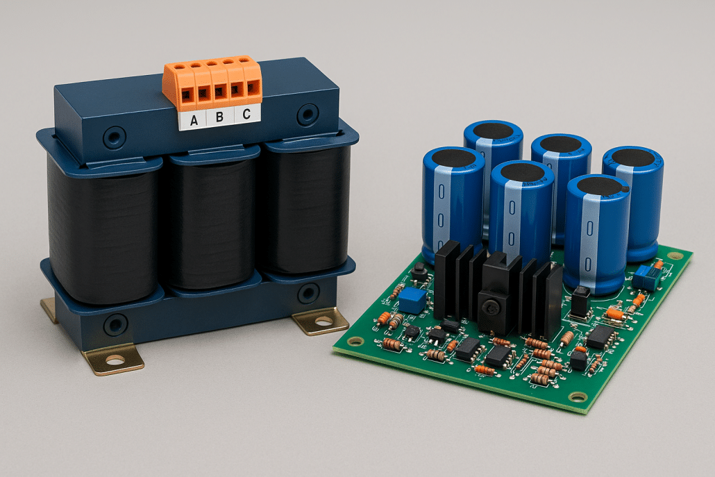 Input line reactor protecting repaired printed circuit board from voltage spikes