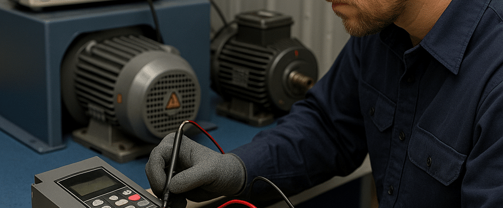 Technician performing vfd repair on bench with scope and load motor