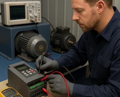 Technician performing vfd repair on bench with scope and load motor