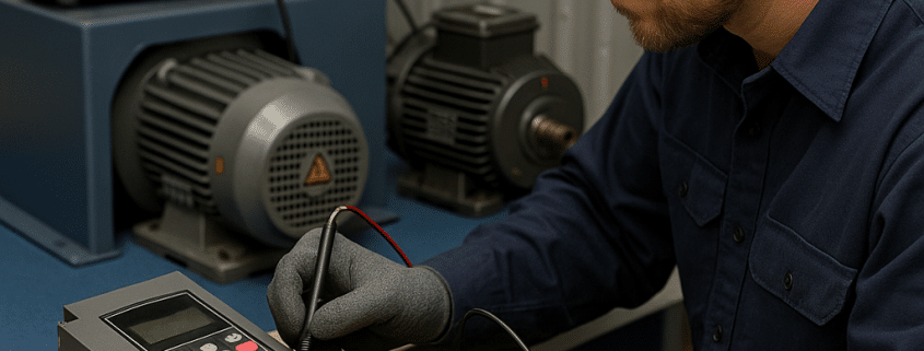 Technician performing vfd repair on bench with scope and load motor