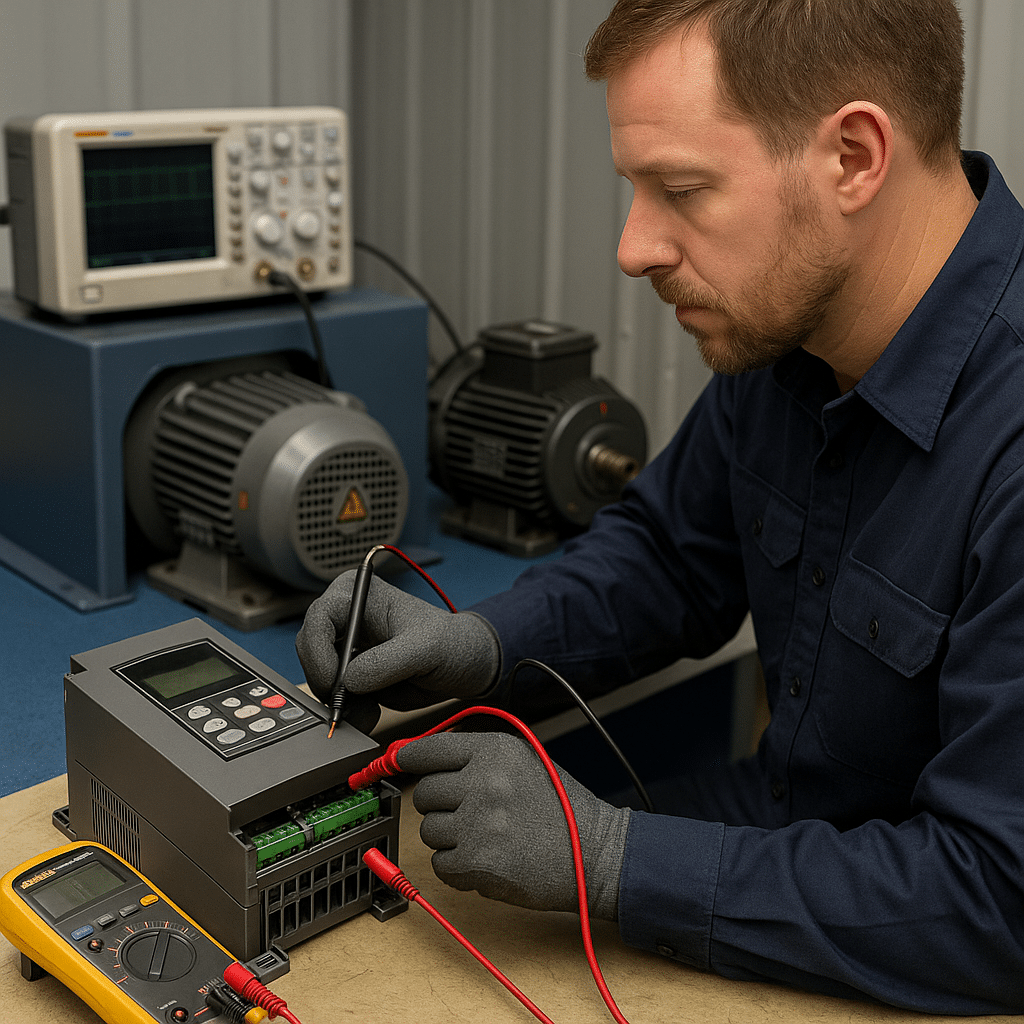 Technician performing vfd repair on bench with scope and load motor