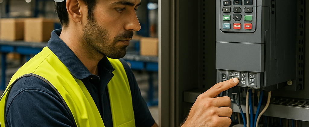 Technician programming VFD controllers panel for conveyor line
