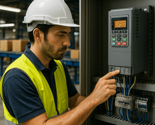 Technician programming VFD controllers panel for conveyor line