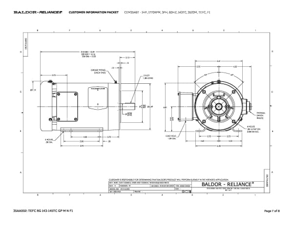 1 HP Baldor General Purpose Three Phase C-Face AC Motor | 230 / 460 VAC | 1.5 Amps @ 230 VAC | 143TC Frame | TEFC | 60 Hz | 1800 RPM | CEM3546T - Image 10