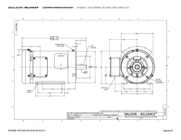 1.5 HP Baldor General Purpose Three Phase C-Face AC Motor | 230 / 460 VAC | 1.9 Amps @ 230 VAC | 143TC Frame | TEFC | 60 Hz | 3600 RPM | CEM3550T - Image 11