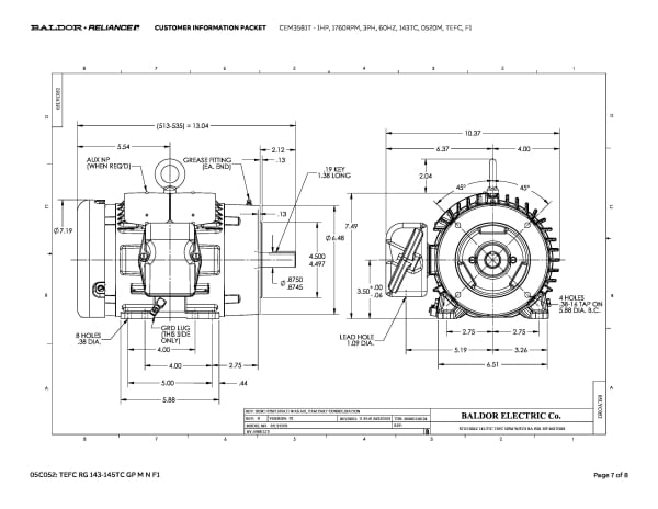 1 HP Baldor General Purpose Three Phase C-Face AC Motor | 230 / 460 VAC | 1.5 Amps @ 230 VAC | 143TC Frame | TEFC | 60 Hz | 1800 RPM | CEM3581T - Image 10