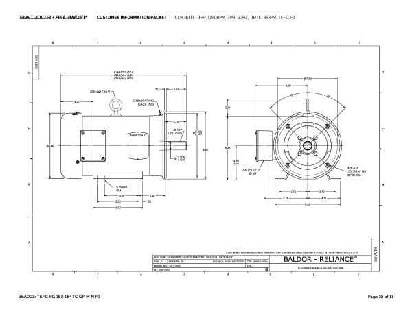 3 HP Baldor General Purpose Three Phase C-Face AC Motor | 230 / 460 VAC | 4.2 Amps @ 230 VAC | 182TC Frame | TEFC | 60 Hz | 1800 RPM | CEM3611T - Image 13