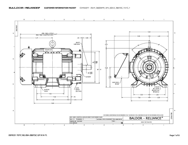 25 HP Baldor General Purpose Three Phase C-Face AC Motor | 230 / 460 VAC | 29.0 Amps @ 230 VAC | 284TSC Frame | TEFC | 60 Hz | 3600 RPM | CEM4107T - Image 10