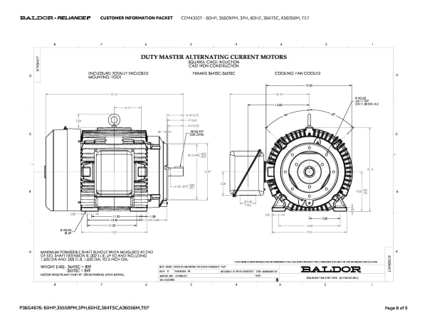 60 HP Baldor General Purpose Three Phase C-Face AC Motor | 230 / 460 VAC | 67.3 Amps @ 230 VAC | 364TSC Frame | TEFC | 60 Hz | 3600 RPM | CEM4310T - Image 11