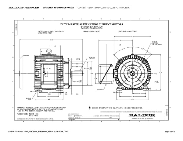 75 HP Baldor General Purpose Three Phase C-Face AC Motor | 230 / 460 VAC | 84.9 Amps @ 230 VAC | 365TC Frame | TEFC | 60 Hz | 1800 RPM | CEM4316T - Image 10