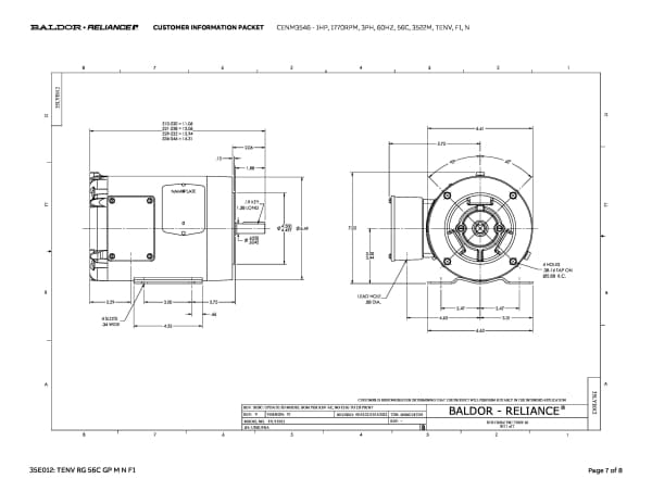 1 HP Baldor General Purpose Three Phase C-Face AC Motor | 230 / 460 VAC | 1.5 Amps @ 230 VAC | 56C Frame | TENV | 60 Hz | 1800 RPM | CENM3546 - Image 10