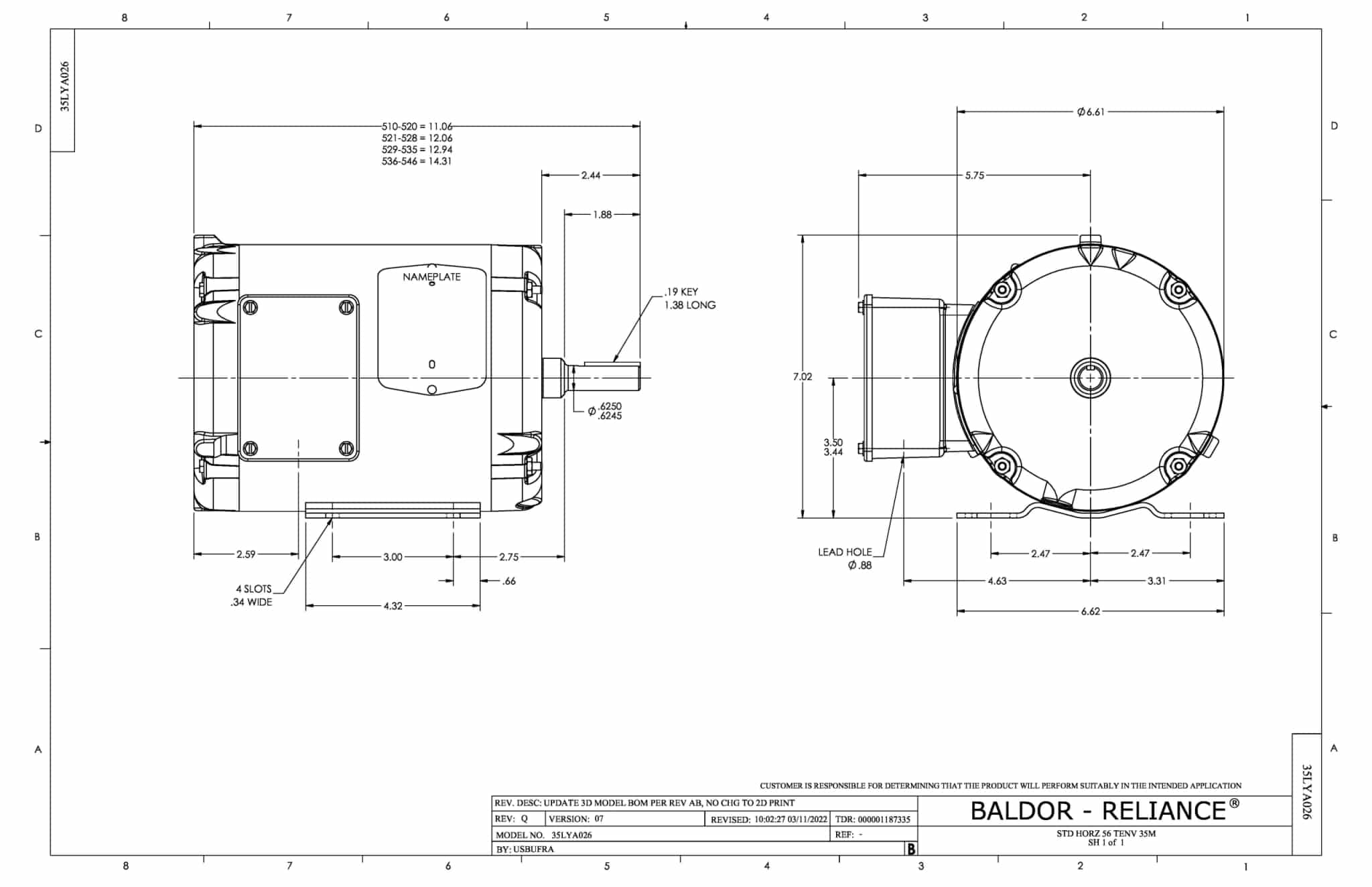 0.25 HP Baldor General Purpose Three Phase AC Motor | 208 - 230 / 460 VAC | 0.5 Amps @ 230 VAC | 56 Frame | TEFC | 60 Hz | 1800 RPM | NM3454/35 - Image 3