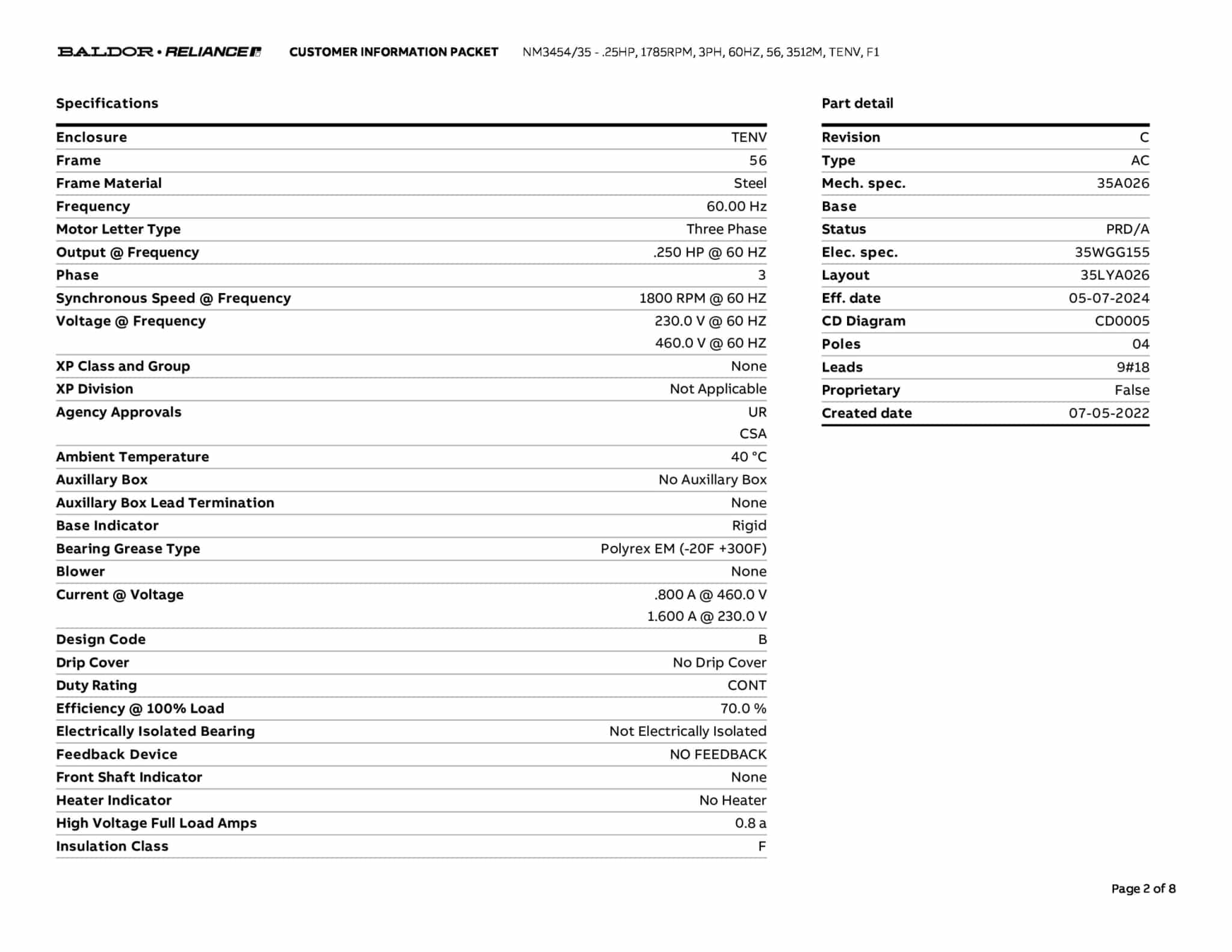 0.25 HP Baldor General Purpose Three Phase AC Motor | 208 - 230 / 460 VAC | 0.5 Amps @ 230 VAC | 56 Frame | TEFC | 60 Hz | 1800 RPM | NM3454/35 - Image 5