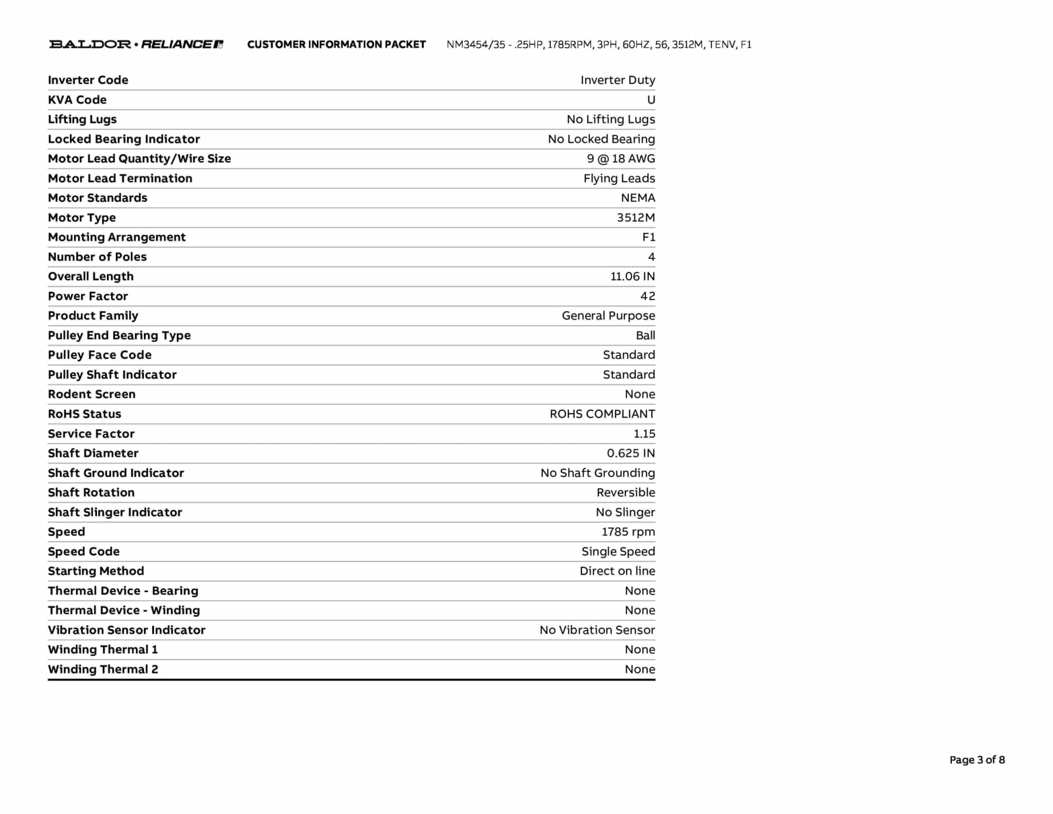 0.25 HP Baldor General Purpose Three Phase AC Motor | 208 - 230 / 460 VAC | 0.5 Amps @ 230 VAC | 56 Frame | TEFC | 60 Hz | 1800 RPM | NM3454/35 - Image 6