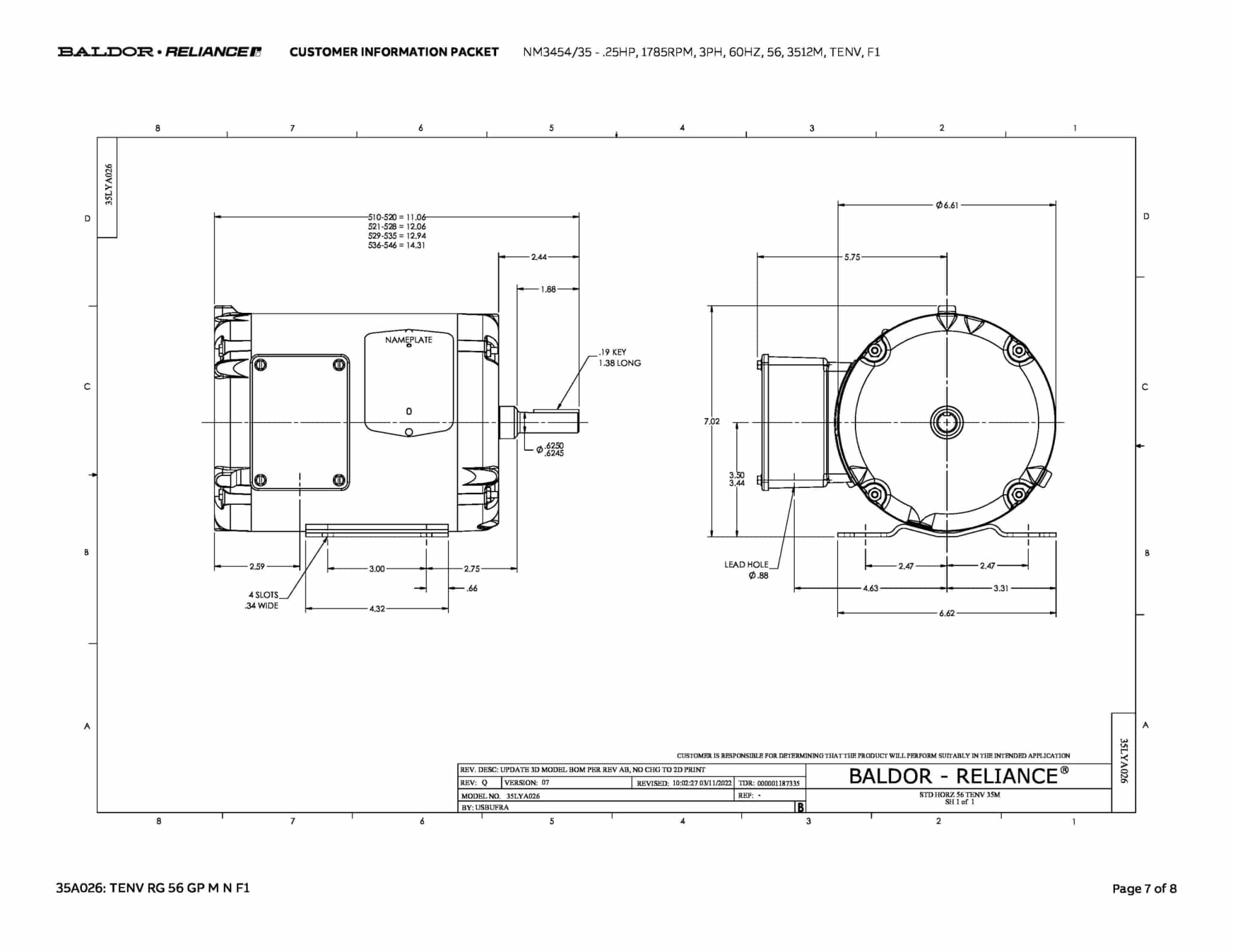 0.25 HP Baldor General Purpose Three Phase AC Motor | 208 - 230 / 460 VAC | 0.5 Amps @ 230 VAC | 56 Frame | TEFC | 60 Hz | 1800 RPM | NM3454/35 - Image 10