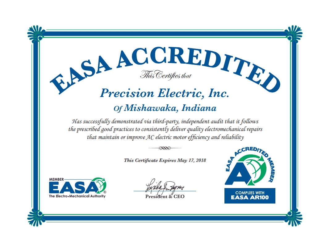 EASA Accreditation Certificate For Precision Electric Inc Indiana