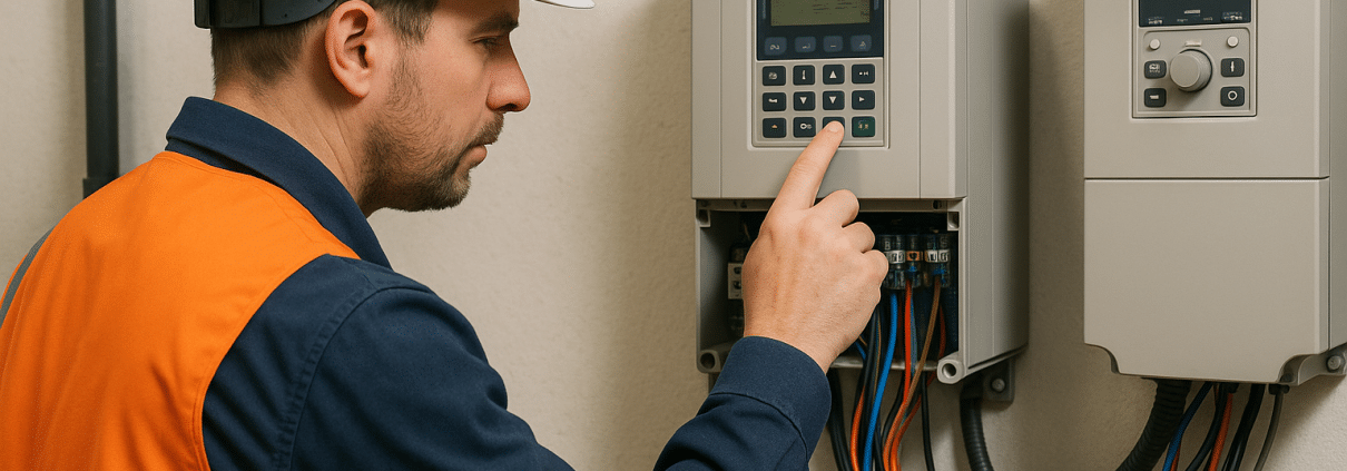 Technician checks variable frequency drive parameters during preventive maintenance