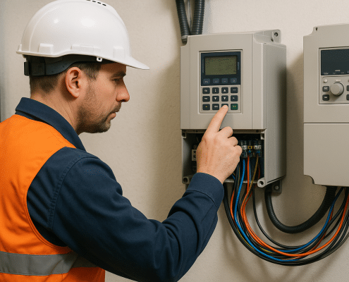Technician checks variable frequency drive parameters during preventive maintenance