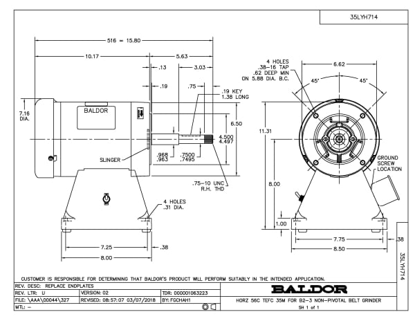 Baldor 1.5 HP, 3600 RPM, 3 Phase, 60 Hz, 3516M, 3516M, TEFC - 2048-153D - Image 2