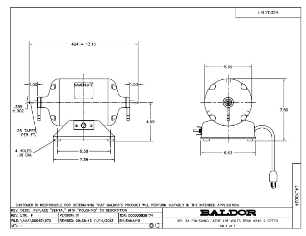 Baldor .25/.06 HP, 3600/1800 RPM, 1 Phase, 60 Hz, 3424S - 340 - Image 3