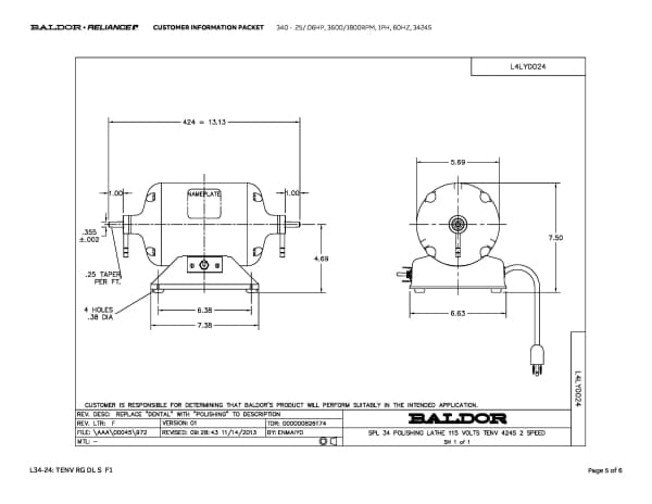 Baldor .25/.06 HP, 3600/1800 RPM, 1 Phase, 60 Hz, 3424S - 340 - Image 8