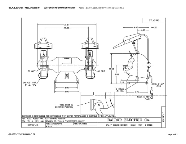Baldor .5/.3 HP, 3600/1800 RPM, 1 Phase, 60 Hz, 3428LC - 7312D - Image 8