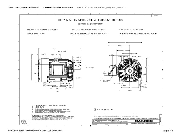 Baldor 60 HP, 1785 RPM, 3 Phase, 60 Hz, 405U, TEFC, FOOT,  - AEM4314-4 - Image 9