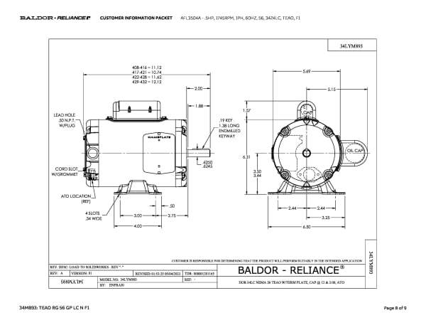Baldor .5 HP, 1745 RPM, 1 Phase, 60 Hz, 56, 3424LC, TEAO, F1 - AFL3504A - Image 11