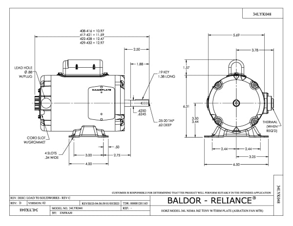 Baldor .75 HP, 3450 RPM, 1 Phase, 60 Hz, 56Z, 3420L, TEAO, F1 - AFL3520A - Image 2