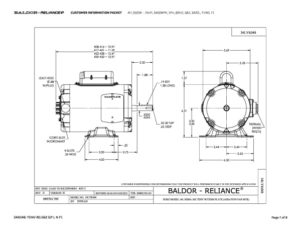 Baldor .75 HP, 3450 RPM, 1 Phase, 60 Hz, 56Z, 3420L, TEAO, F1 - AFL3520A - Image 10