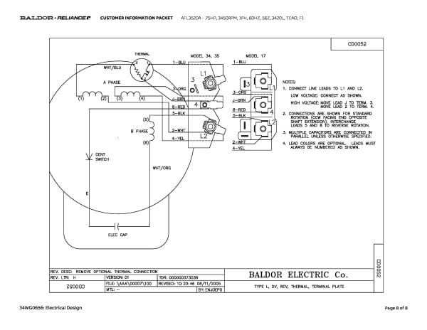 Baldor .75 HP, 3450 RPM, 1 Phase, 60 Hz, 56Z, 3420L, TEAO, F1 - AFL3520A - Image 11