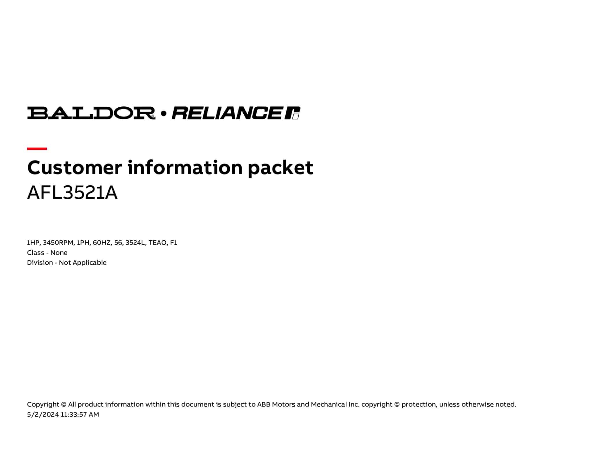 1HP,3450RPM,1PH,60HZ,56,3524L,TEAO,F1 - AFL3521A - Image 4