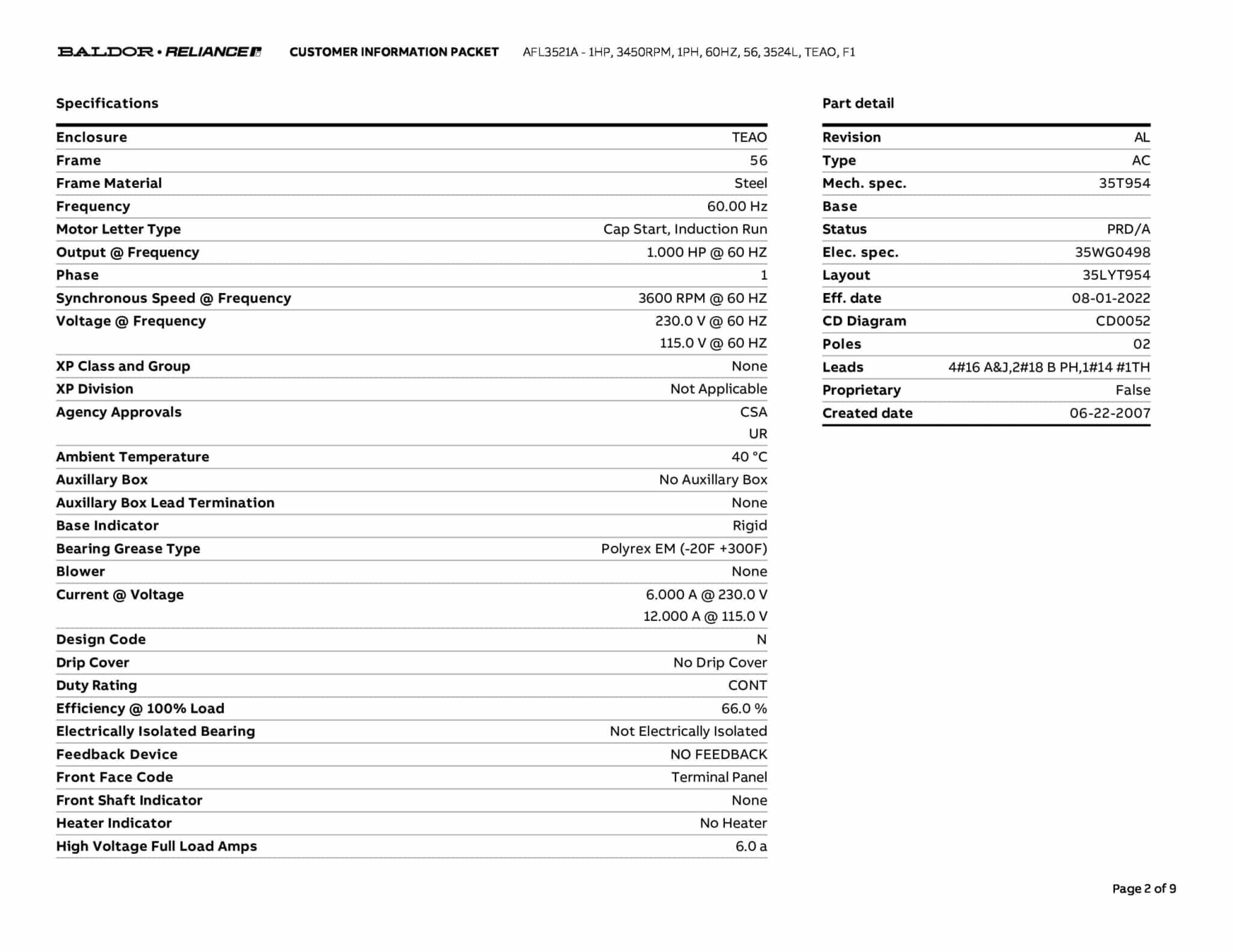1HP,3450RPM,1PH,60HZ,56,3524L,TEAO,F1 - AFL3521A - Image 5