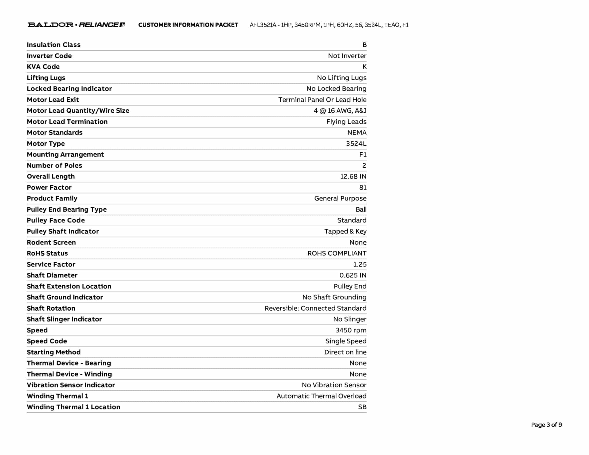1HP,3450RPM,1PH,60HZ,56,3524L,TEAO,F1 - AFL3521A - Image 6