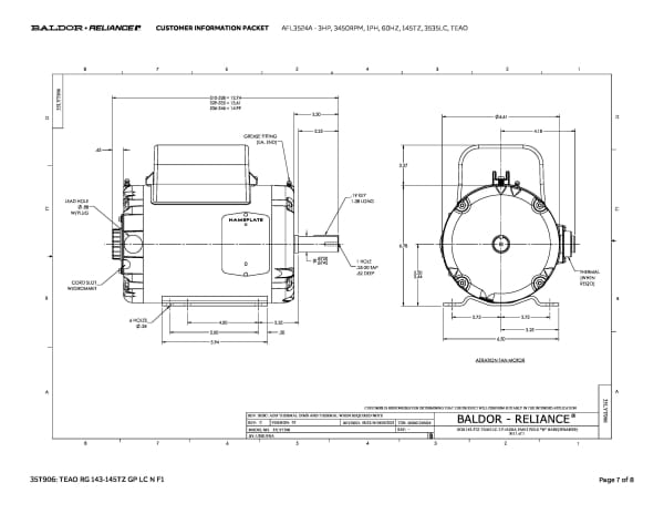 Baldor 3 HP, 3450 RPM, 1 Phase, 60 Hz, 145TZ, 3535LC, TEAO - AFL3524A - Image 10