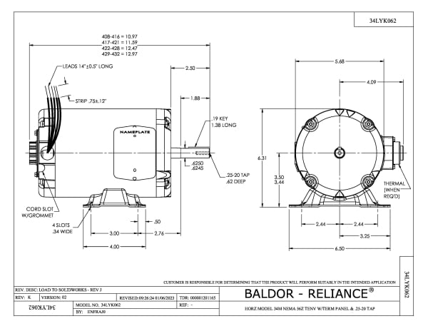 Baldor 1 HP, 3450 RPM, 3 Phase, 60 Hz, 56Z, 3416M, TEAO, F1 - AFM3529 - Image 2
