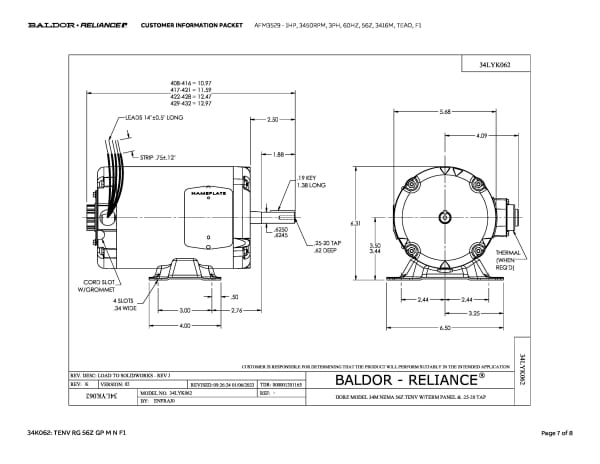 Baldor 1 HP, 3450 RPM, 3 Phase, 60 Hz, 56Z, 3416M, TEAO, F1 - AFM3529 - Image 10