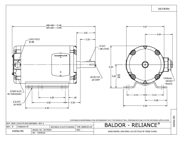 Baldor 1.5 HP, 3450 RPM, 3 Phase, 60 Hz, 143TZ, 3424M, TEAO - AFM3530 - Image 2