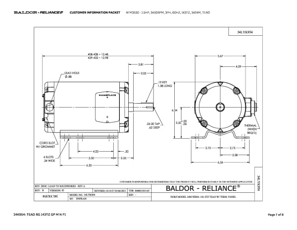Baldor 1.5 HP, 3450 RPM, 3 Phase, 60 Hz, 143TZ, 3424M, TEAO - AFM3530 - Image 10