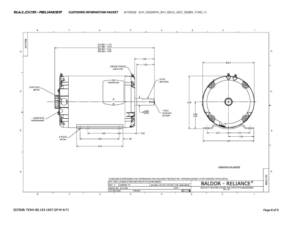 Baldor 3 HP, 3450 RPM, 3 Phase, 60 Hz, 145T, 3528M, TEAO, F1 - AFM3532 - Image 11