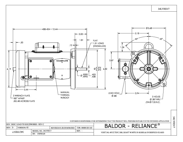 Baldor .5 HP, 1725 RPM, 1 Phase, 60 Hz, 48YZ, 3421L, TEFC, F1 - ANFL3504M - Image 2