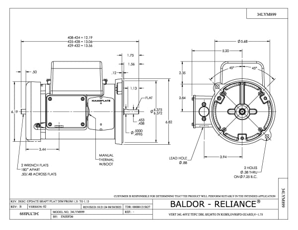 Baldor .75 HP, 1725 RPM, 1 Phase, 60 Hz, 48YZ, 3428LC, TEFC - ANFL3507M - Image 2