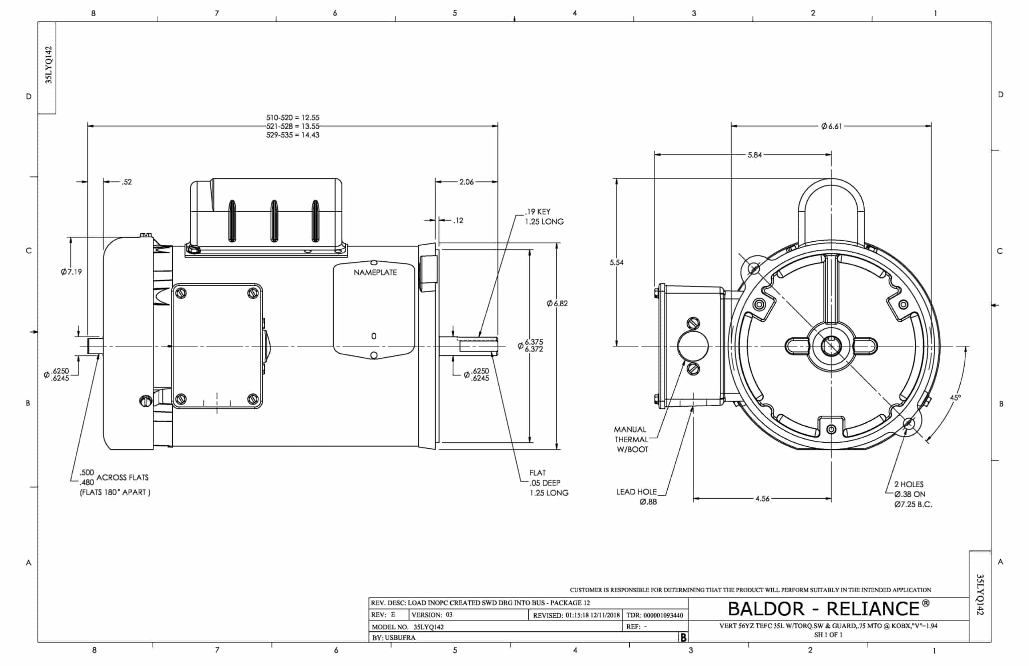 Baldor 1 HP, 1725 RPM, 1 Phase, 60 Hz, 56YZ, 3524L, TEFC, F1 - ANFL3510M - Image 2