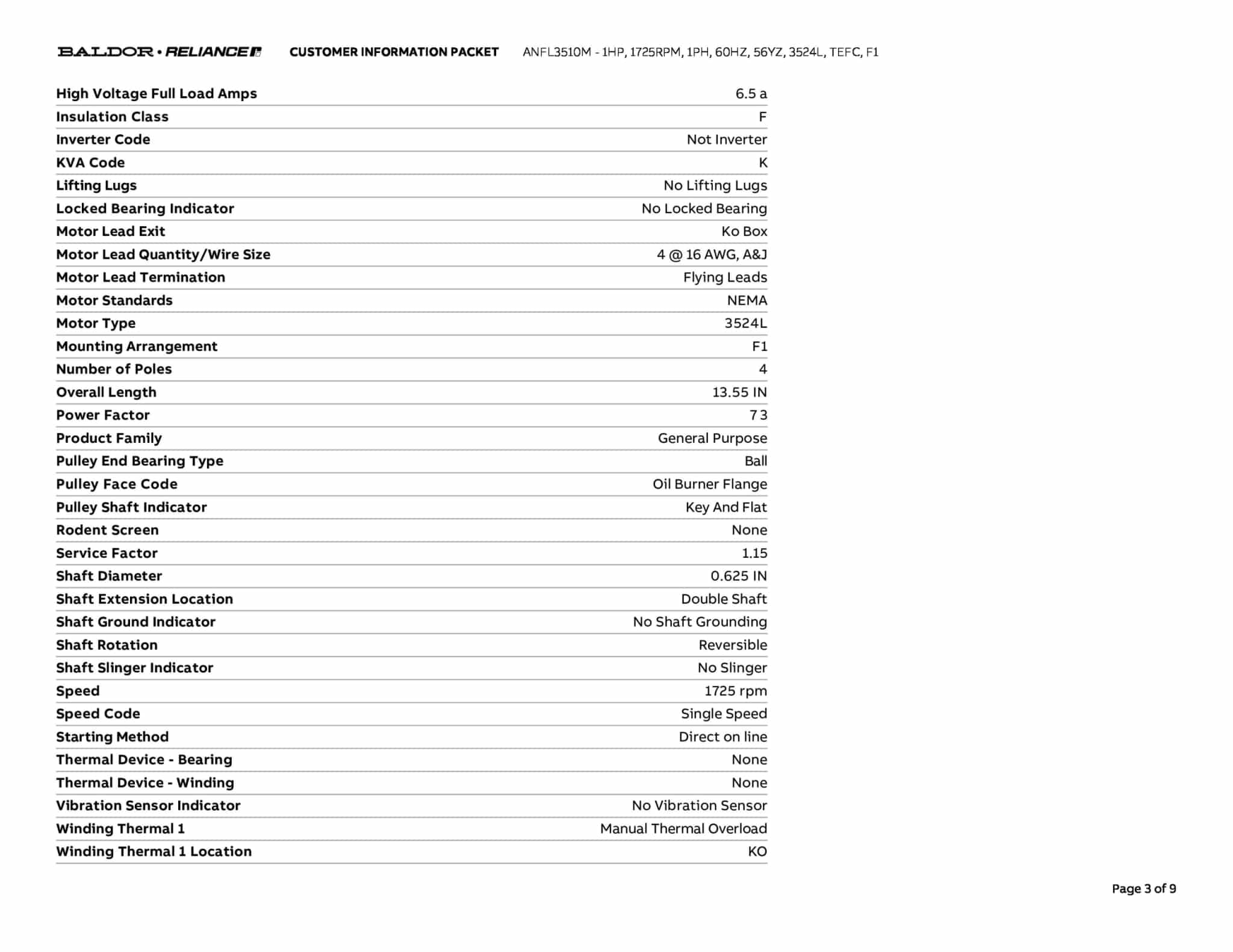 Baldor 1 HP, 1725 RPM, 1 Phase, 60 Hz, 56YZ, 3524L, TEFC, F1 - ANFL3510M - Image 6