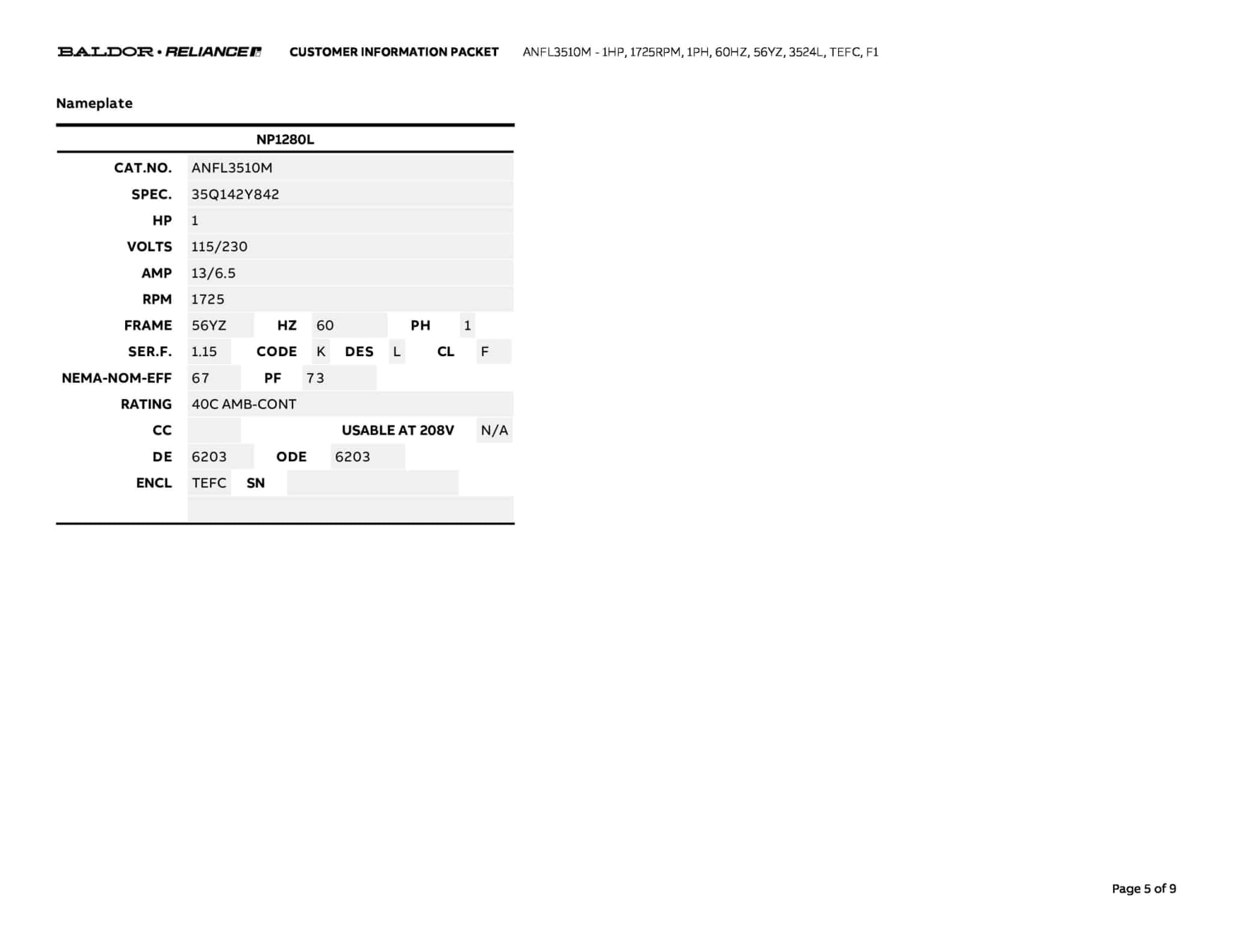 Baldor 1 HP, 1725 RPM, 1 Phase, 60 Hz, 56YZ, 3524L, TEFC, F1 - ANFL3510M - Image 8